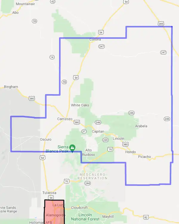 County level USDA loan eligibility boundaries for Lincoln, New Mexico
