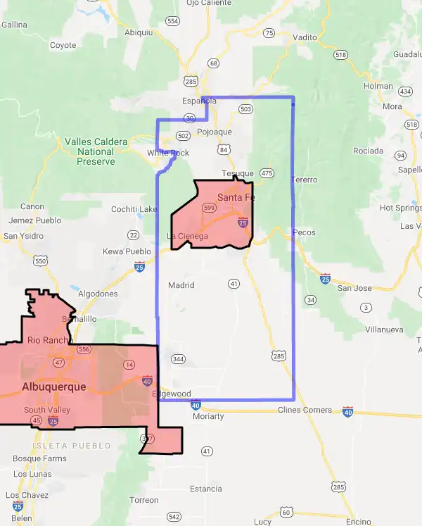 County level USDA loan eligibility boundaries for Santa Fe, New Mexico