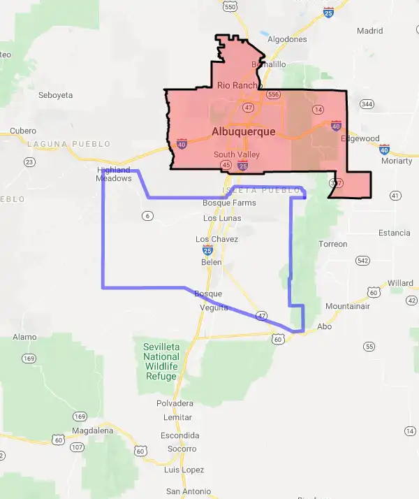 County level USDA loan eligibility boundaries for Valencia, New Mexico