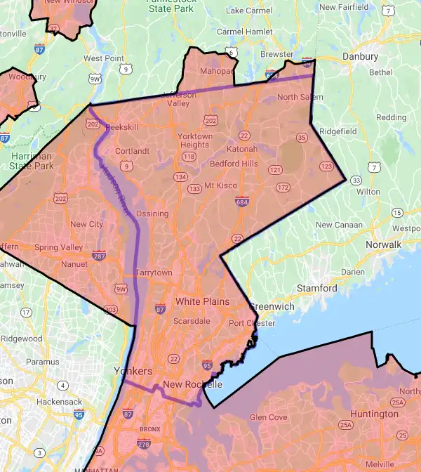 County level USDA loan eligibility boundaries for Westchester, New York