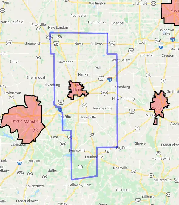 County level USDA loan eligibility boundaries for Ashland, Ohio