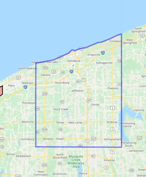 County level USDA loan eligibility boundaries for Ashtabula, Ohio