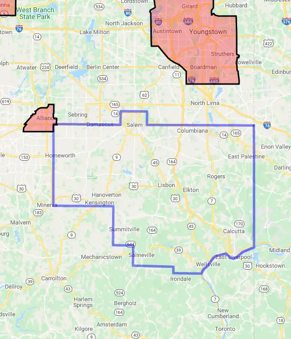 County level USDA loan eligibility boundaries for Columbiana, Ohio