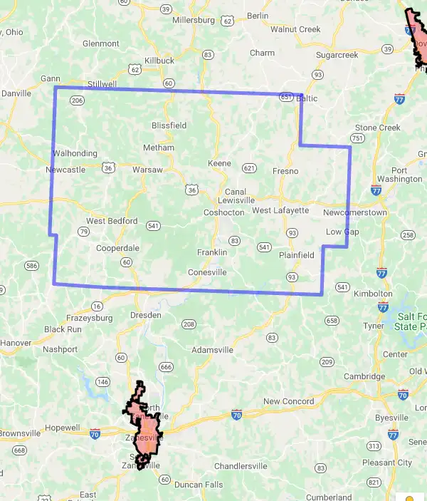 County level USDA loan eligibility boundaries for Coshocton, Ohio