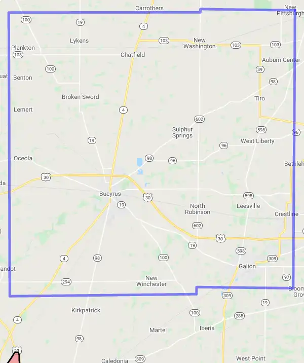 County level USDA loan eligibility boundaries for Crawford, Ohio