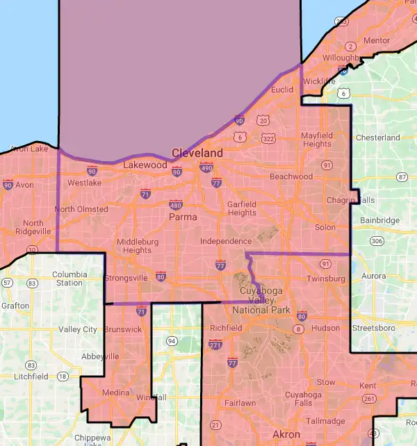 County level USDA loan eligibility boundaries for Cuyahoga, Ohio