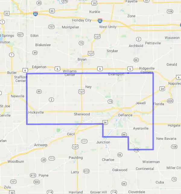 County level USDA loan eligibility boundaries for Defiance, Ohio