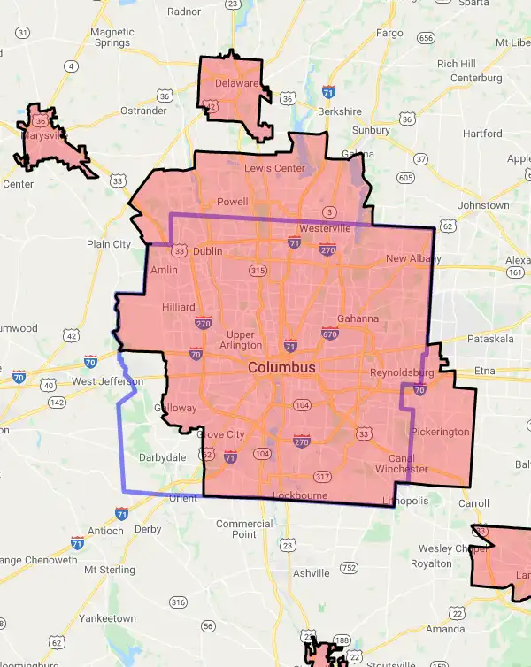 County level USDA loan eligibility boundaries for Franklin, Ohio
