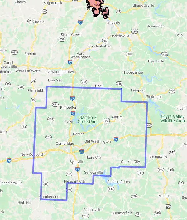 County level USDA loan eligibility boundaries for Guernsey, Ohio