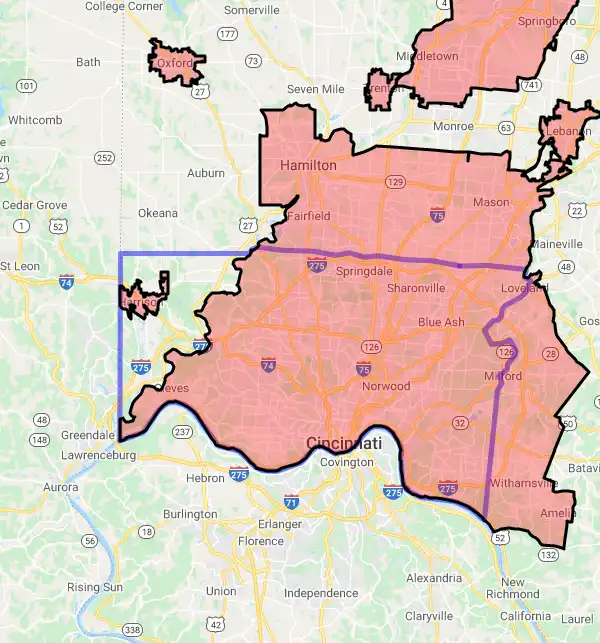 County level USDA loan eligibility boundaries for Hamilton, Ohio