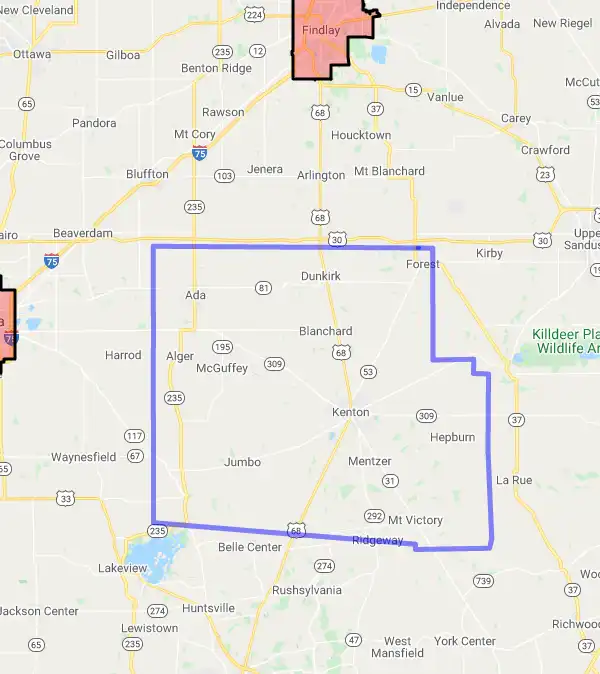 County level USDA loan eligibility boundaries for Hardin, Ohio