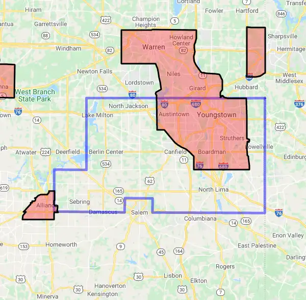 County level USDA loan eligibility boundaries for Mahoning, Ohio