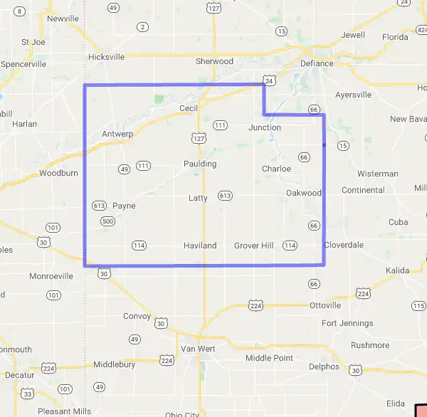 County level USDA loan eligibility boundaries for Paulding, Ohio