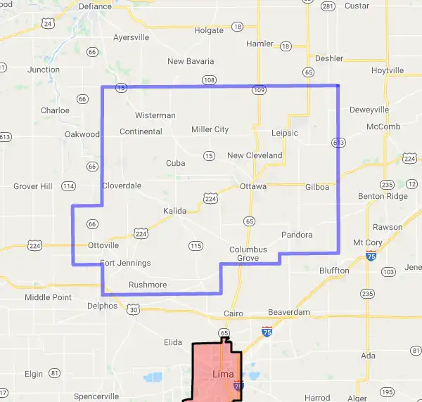 County level USDA loan eligibility boundaries for Putnam, Ohio