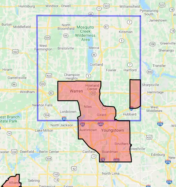 County level USDA loan eligibility boundaries for Trumbull, Ohio