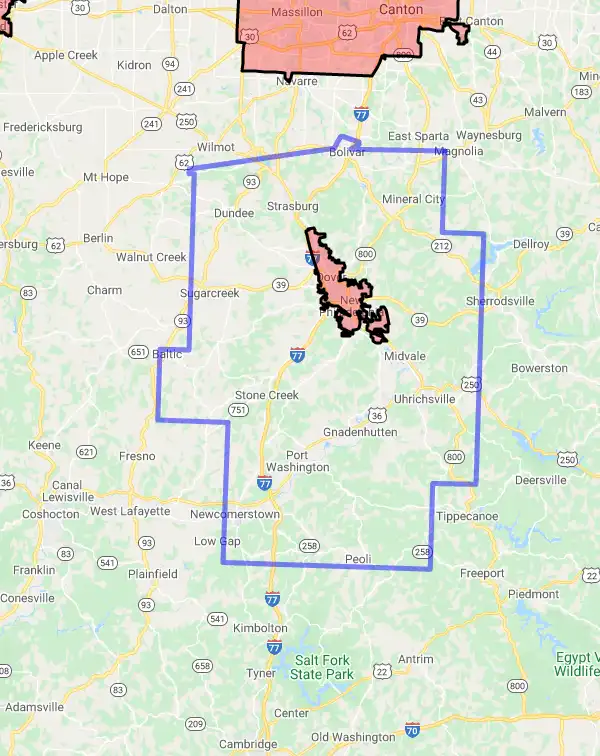 County level USDA loan eligibility boundaries for Tuscarawas, Ohio