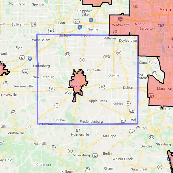 County level USDA loan eligibility boundaries for Wayne, Ohio