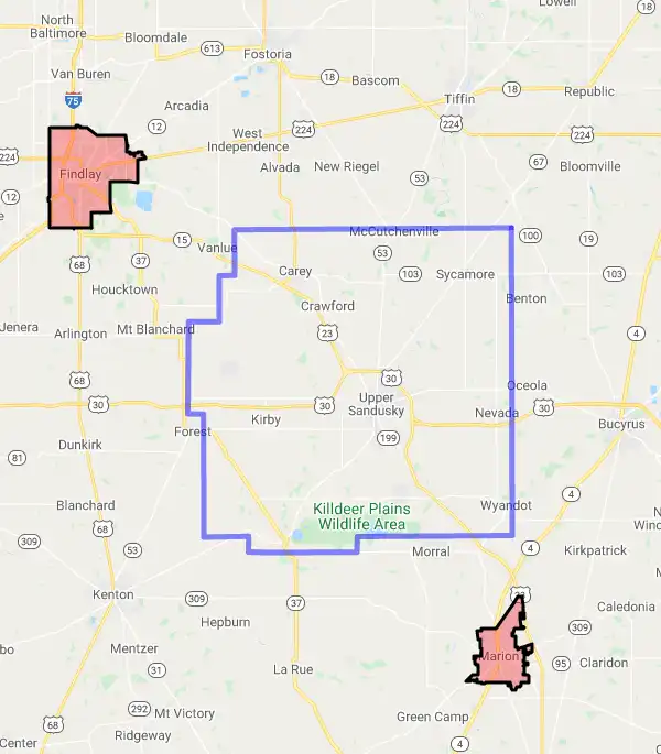 County level USDA loan eligibility boundaries for Wyandot, Ohio