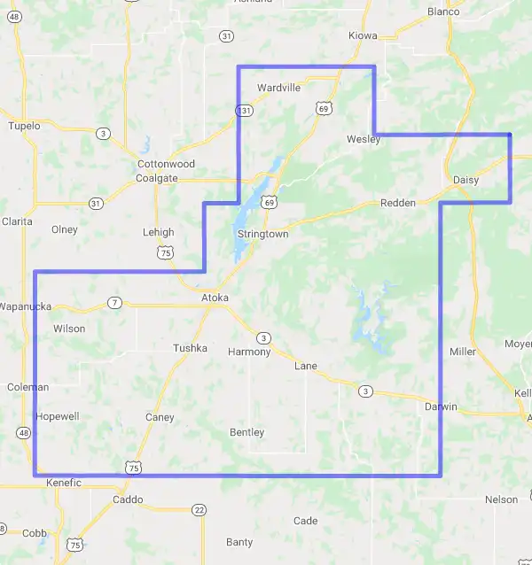 County level USDA loan eligibility boundaries for Atoka, Oklahoma