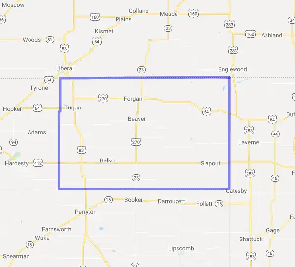 County level USDA loan eligibility boundaries for Beaver, Oklahoma