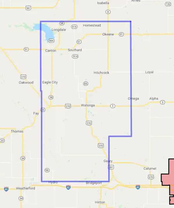 County level USDA loan eligibility boundaries for Blaine, Oklahoma