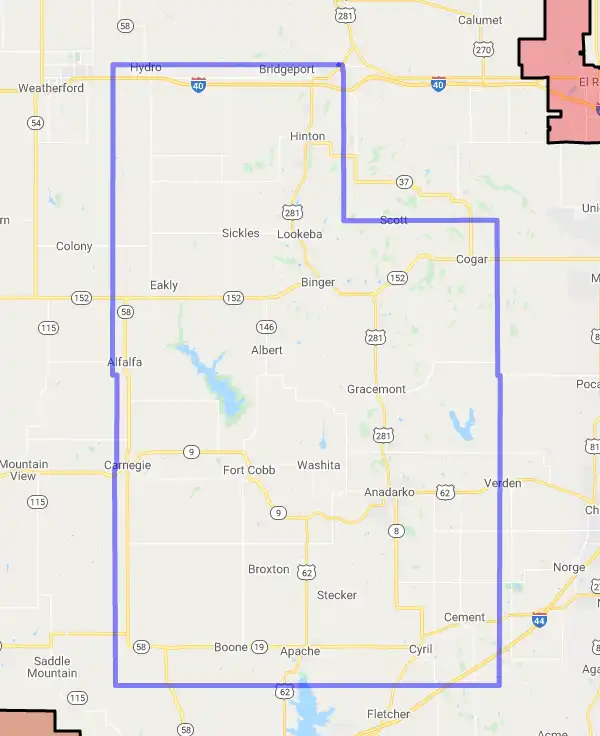 County level USDA loan eligibility boundaries for Caddo, Oklahoma