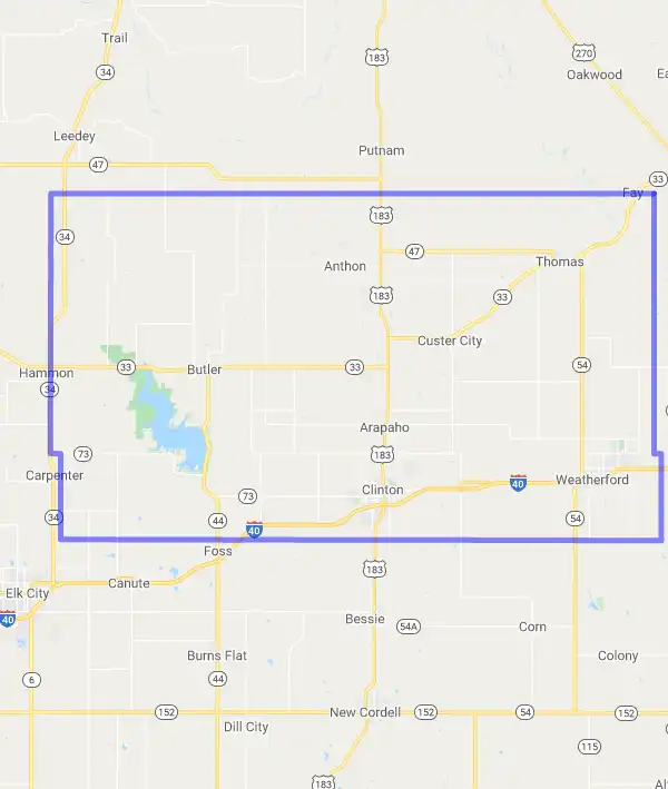 County level USDA loan eligibility boundaries for Custer, Oklahoma