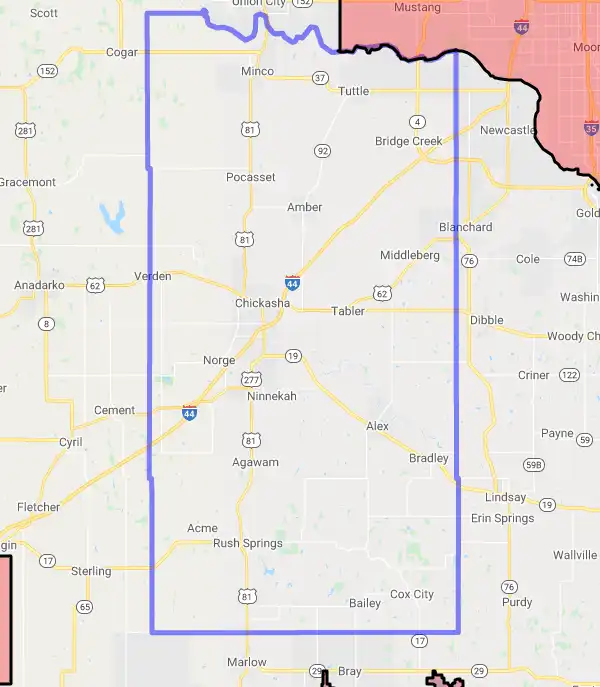 County level USDA loan eligibility boundaries for Grady, Oklahoma
