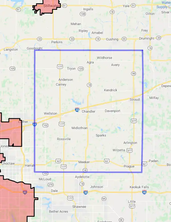 County level USDA loan eligibility boundaries for Lincoln, Oklahoma