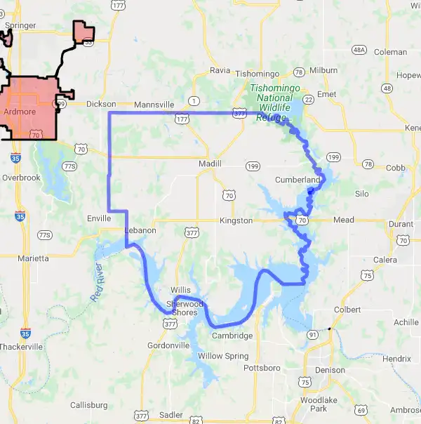 County level USDA loan eligibility boundaries for Marshall, Oklahoma