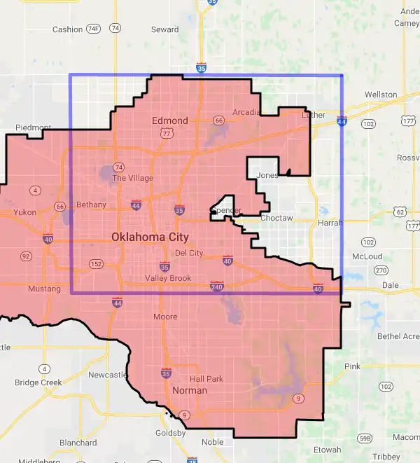 County level USDA loan eligibility boundaries for Oklahoma, Oklahoma