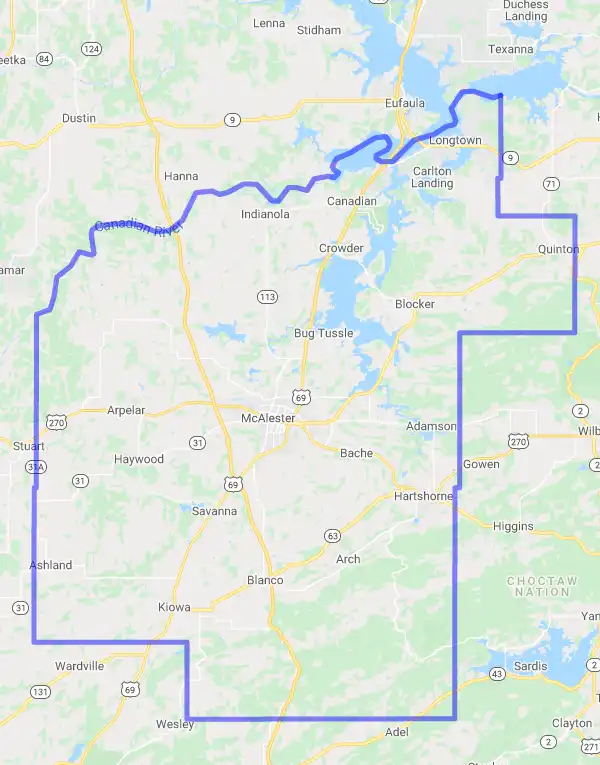 County level USDA loan eligibility boundaries for Pittsburg, Oklahoma