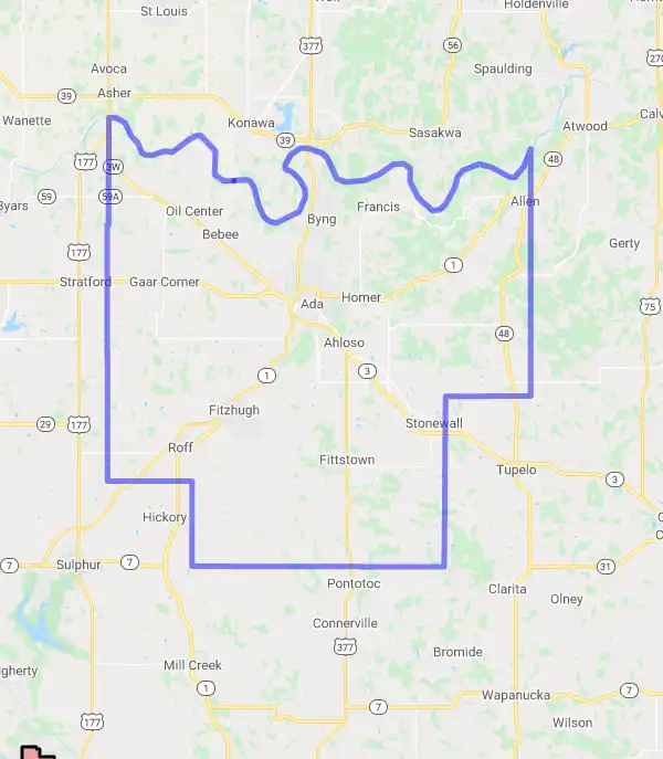 County level USDA loan eligibility boundaries for Pontotoc, Oklahoma