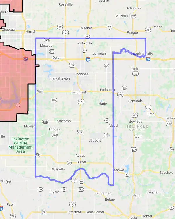 County level USDA loan eligibility boundaries for Pottawatomie, Oklahoma