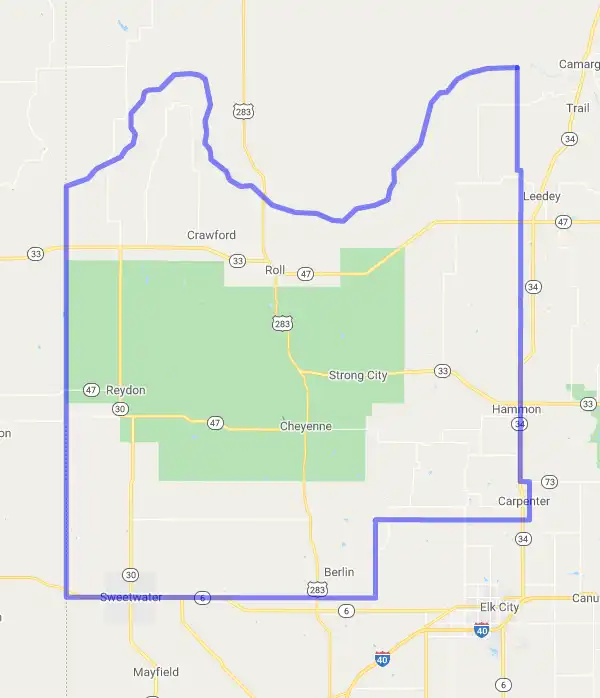 County level USDA loan eligibility boundaries for Roger Mills, Oklahoma
