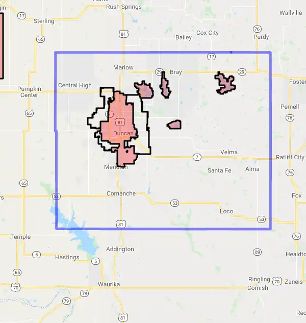 County level USDA loan eligibility boundaries for Stephens, Oklahoma
