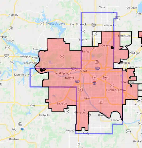 County level USDA loan eligibility boundaries for Tulsa, Oklahoma