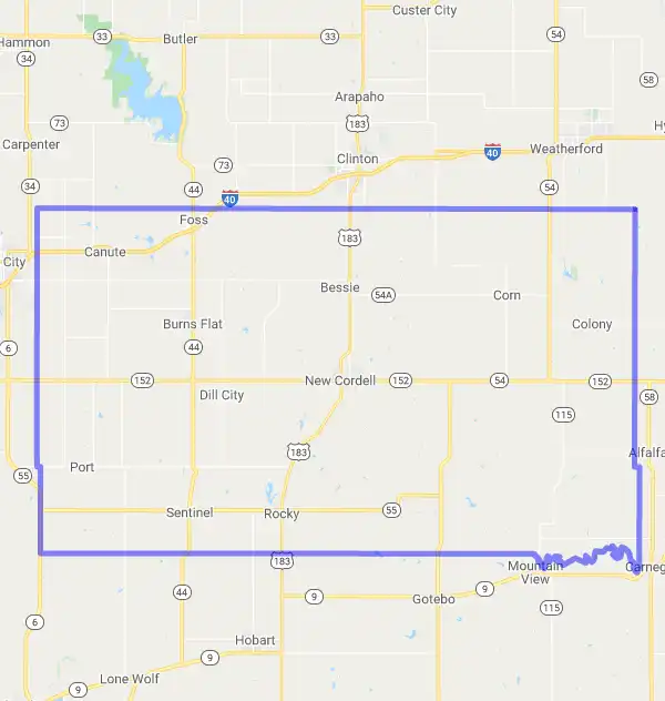 County level USDA loan eligibility boundaries for Washita, Oklahoma