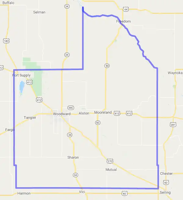 County level USDA loan eligibility boundaries for Woodward, Oklahoma