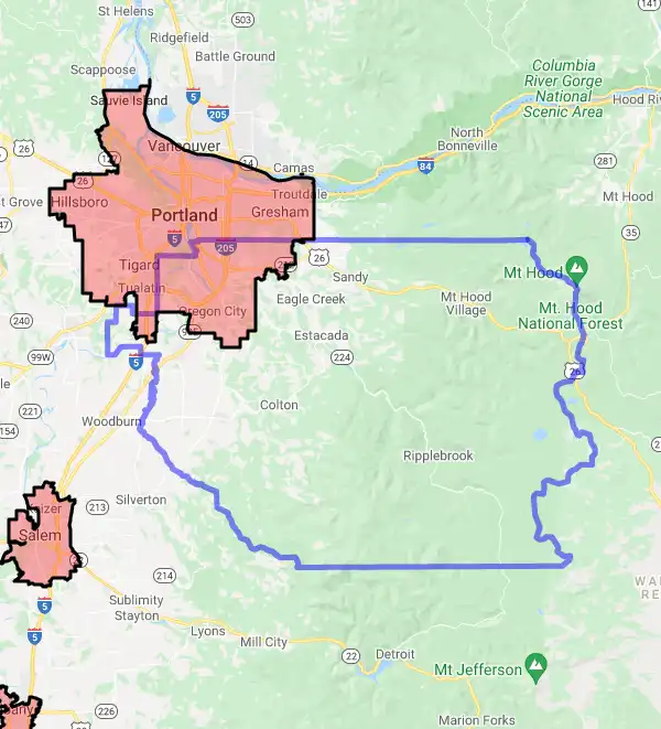 County level USDA loan eligibility boundaries for Clackamas, Oregon