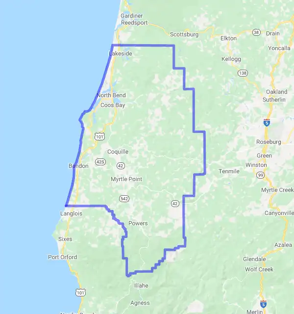 County level USDA loan eligibility boundaries for Coos, Oregon