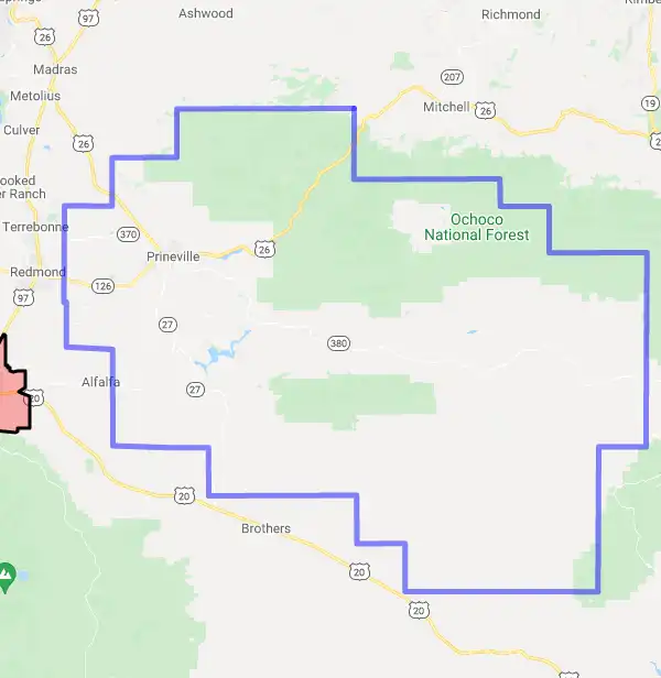 County level USDA loan eligibility boundaries for Crook, Oregon