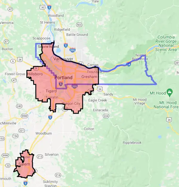 County level USDA loan eligibility boundaries for Multnomah, Oregon