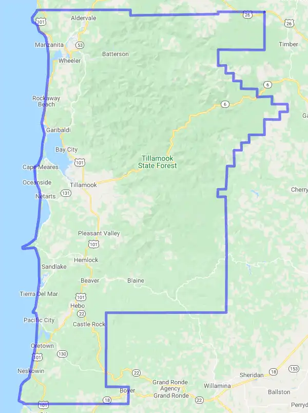 County level USDA loan eligibility boundaries for Tillamook, Oregon