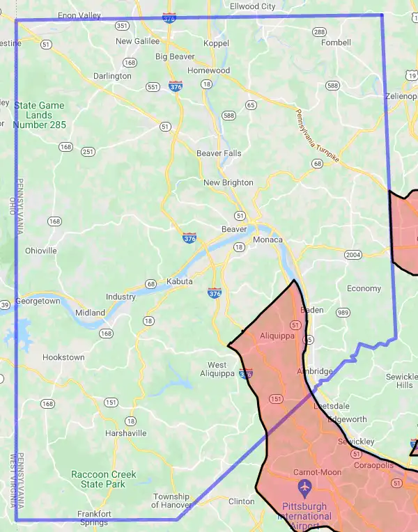 County level USDA loan eligibility boundaries for Beaver, Pennsylvania