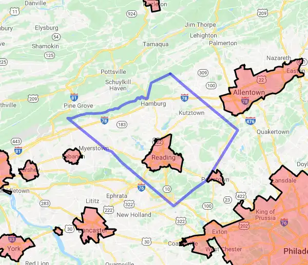 County level USDA loan eligibility boundaries for Berks, Pennsylvania