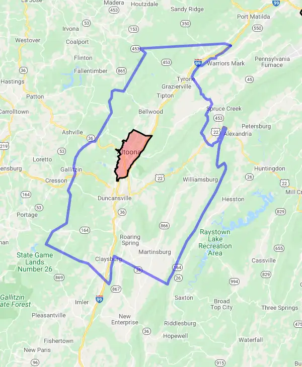 County level USDA loan eligibility boundaries for Blair, Pennsylvania