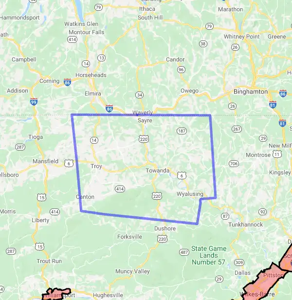 County level USDA loan eligibility boundaries for Bradford, Pennsylvania