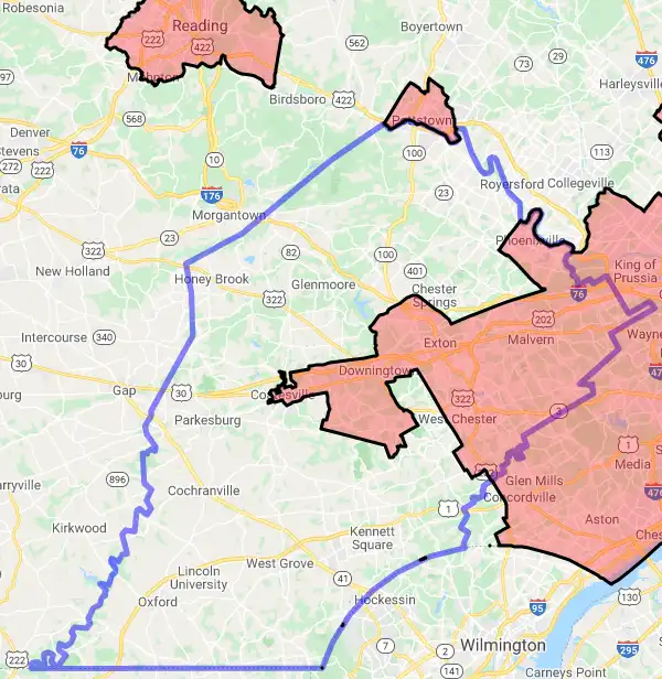 County level USDA loan eligibility boundaries for Chester, Pennsylvania