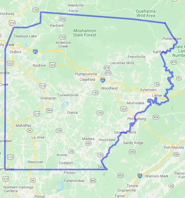 County level USDA loan eligibility boundaries for Clearfield, Pennsylvania